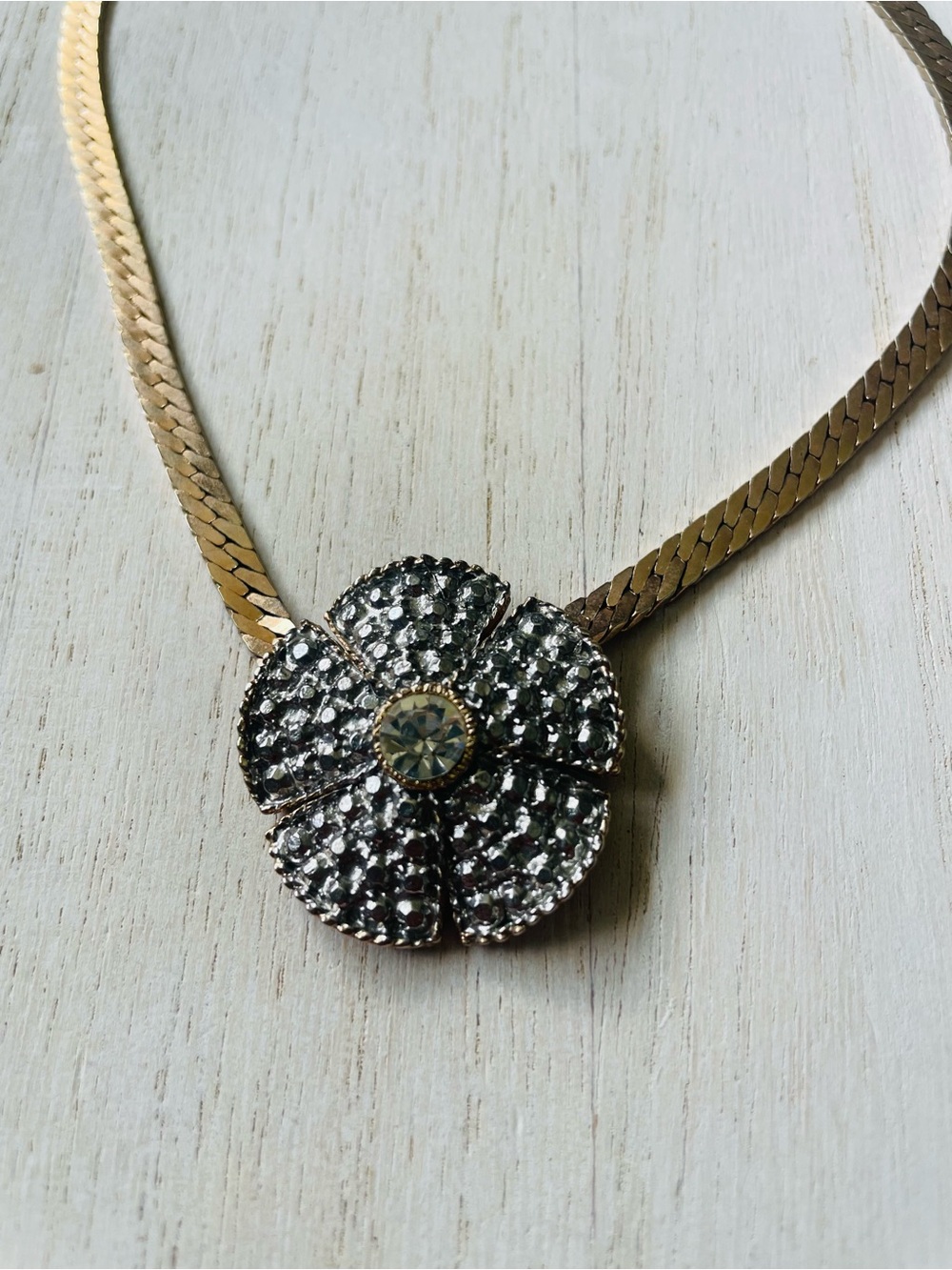 80’s Michelle Lynn Herringbone Floral Pendant Necklace
